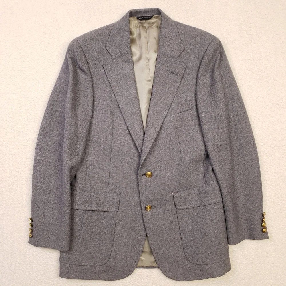 Chaps Ralph Lauren Blazer Men 38R Gray Two Gold Crest Button Wool Sport Coat USA